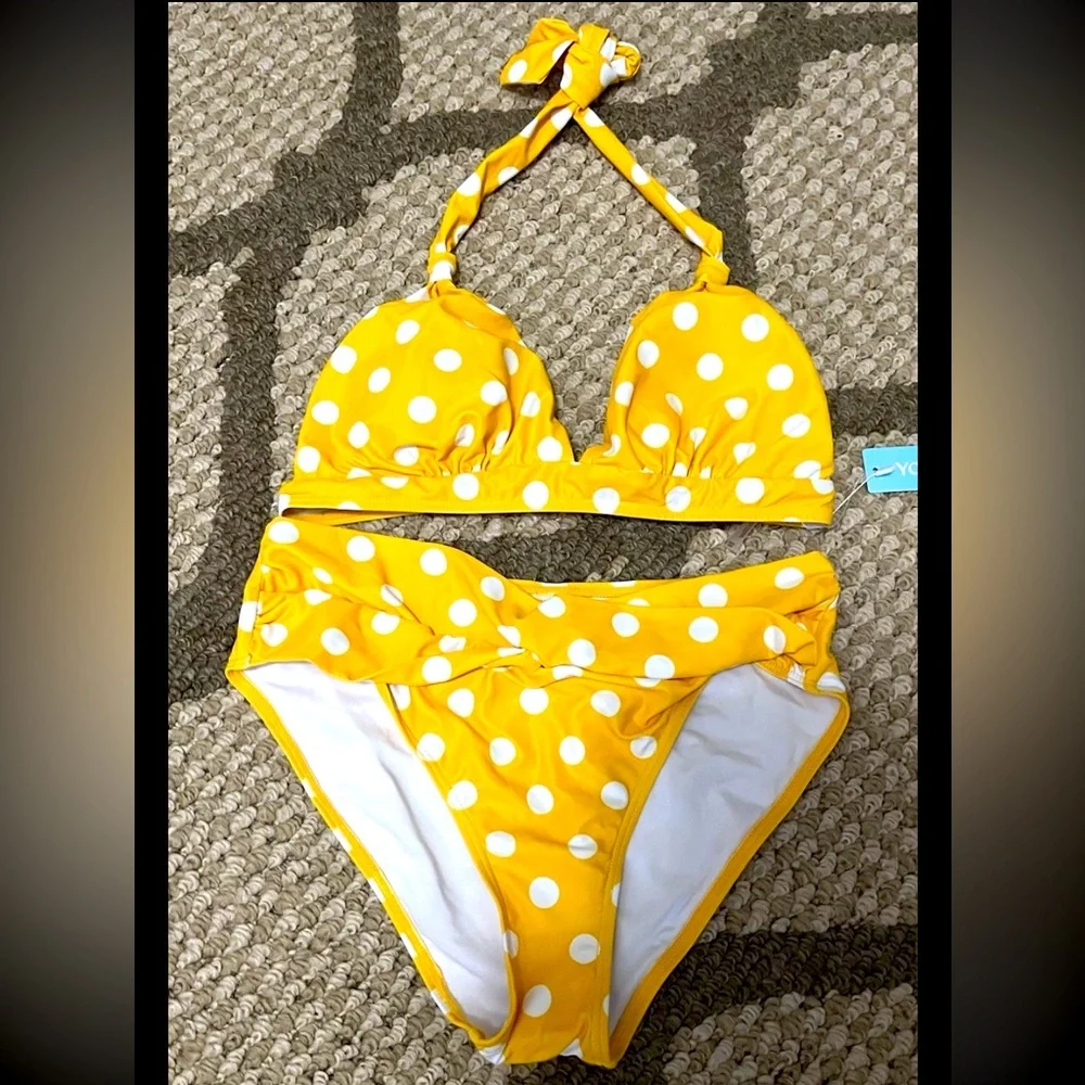 Yonique Yellow polkadot Bikini 2Pc Push Up Halter Top Vintage Style Bottoms NWT